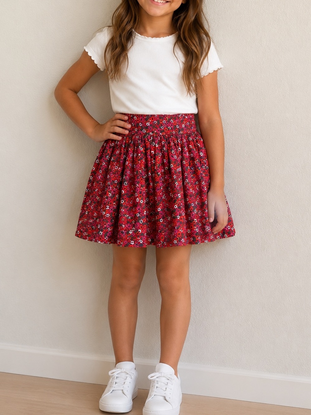 Johnnie B by Boden Cotton Skirt Scarlet Flowerbed Ditsy Floral Stretch Waist SML